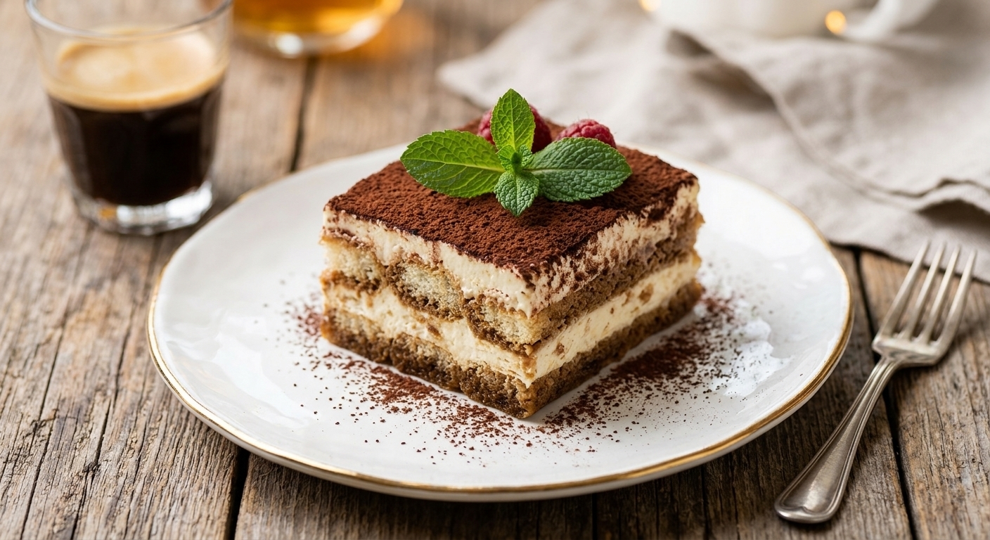Porción de tiramisú italiano tradicional casero espolvoreado con cacao en polvo